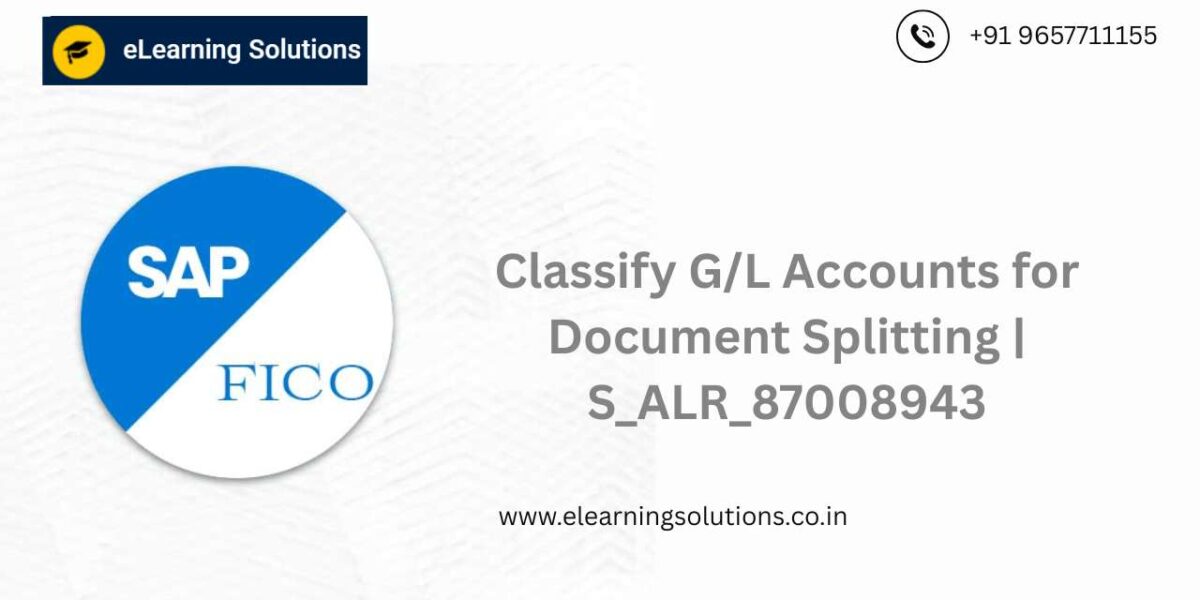 SAP Classify G/L Accounts for Document Splitting screen (S_ALR_87008943) showing item category assignment for chart of accounts