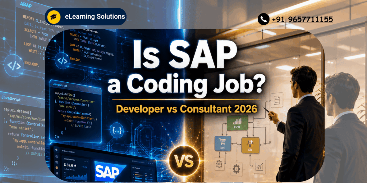 Is SAP a coding job? Split screen showing SAP developer coding and functional consultant with flowchart