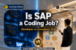 Is SAP a coding job? Split screen showing SAP developer coding and functional consultant with flowchart