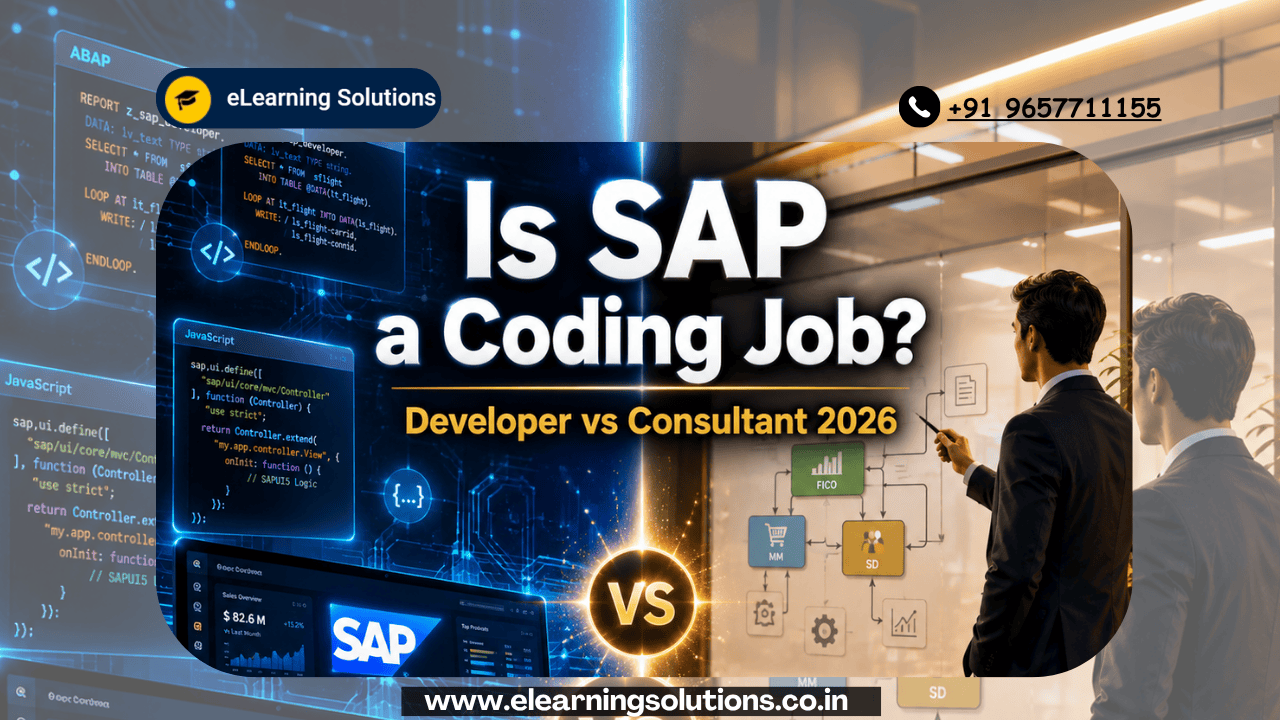 Is SAP a coding job? Split screen showing SAP developer coding and functional consultant with flowchart
