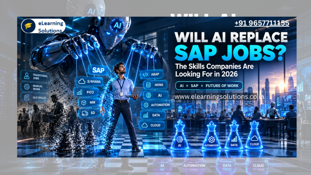 Will AI replace SAP jobs? An SAP professional using AI automation while surrounded by SAP modules like S/4HANA, FICO, MM, SD, ABAP, and HANA on a chessboard of future skills.