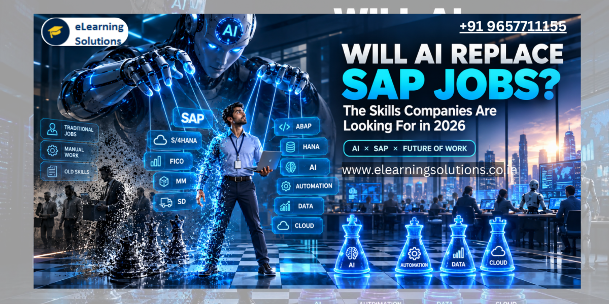 Will AI replace SAP jobs? An SAP professional using AI automation while surrounded by SAP modules like S/4HANA, FICO, MM, SD, ABAP, and HANA on a chessboard of future skills.
