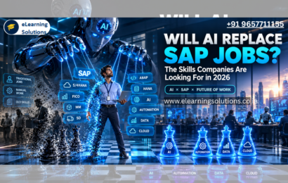Will AI replace SAP jobs? An SAP professional using AI automation while surrounded by SAP modules like S/4HANA, FICO, MM, SD, ABAP, and HANA on a chessboard of future skills.